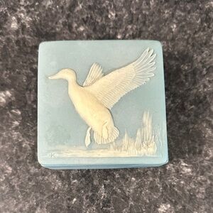Vintage Incolay Soapstone Trinket Box Light Blue/White Goose in Flight